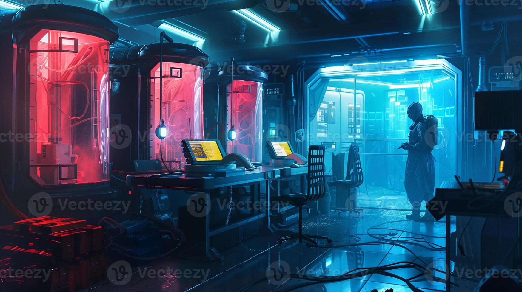 This figure explores advanced cryogenic chambers in a futuristic hibernation lab. photo