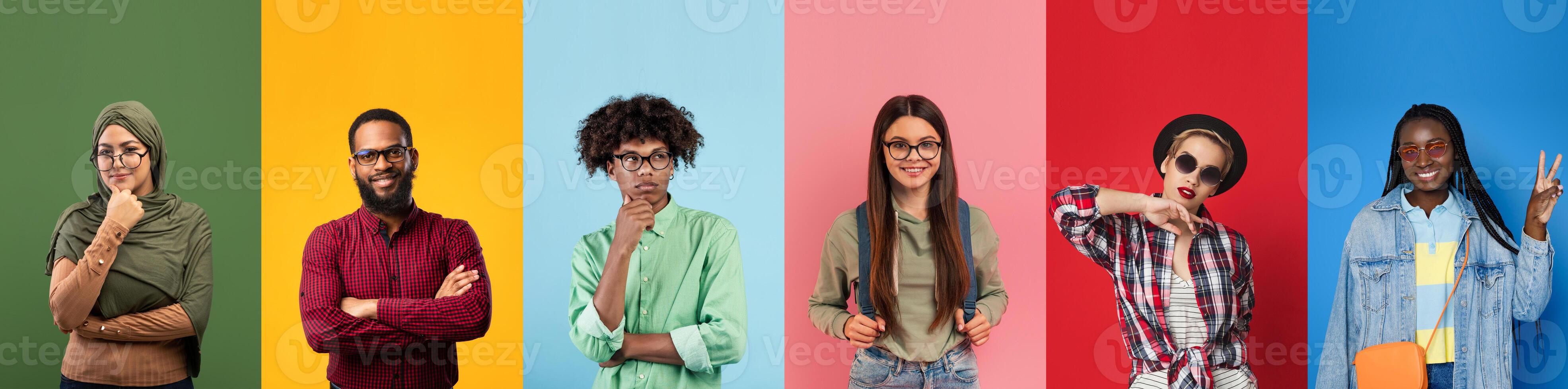 A group of happy, diverse individuals express joy and fun in a vibrant collage. Each person showcases their unique style and personality against bright, colorful backgrounds, emphasizing diversity. photo