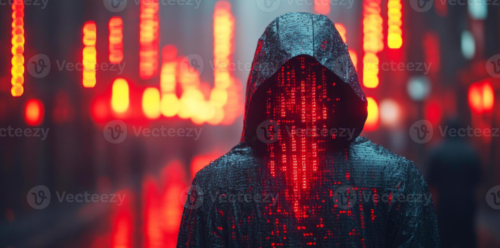 A figure in a hooded cloak stands in a neon-lit urban environment, emphasizing the threat of data breaches. photo