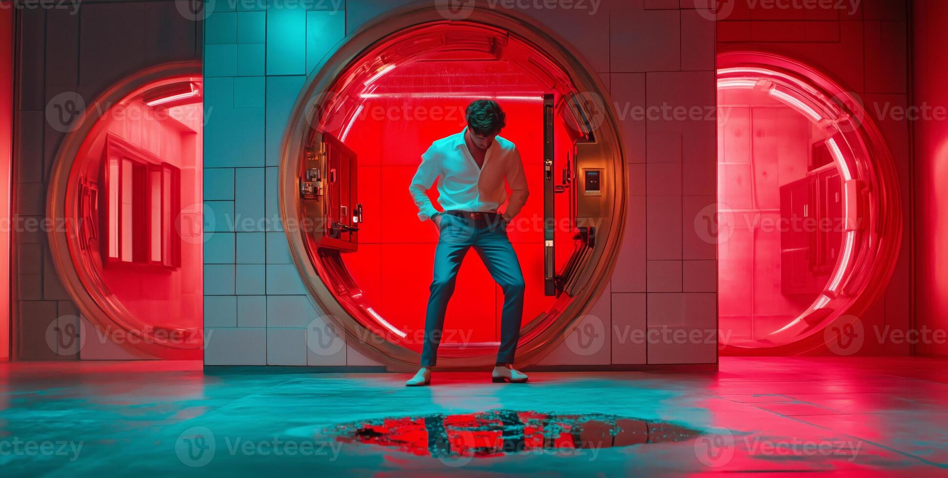 In a futuristic setting lit by vibrant red and blue lights, a cybersecurity expert inspects a simulated breach point in a secure facility. photo