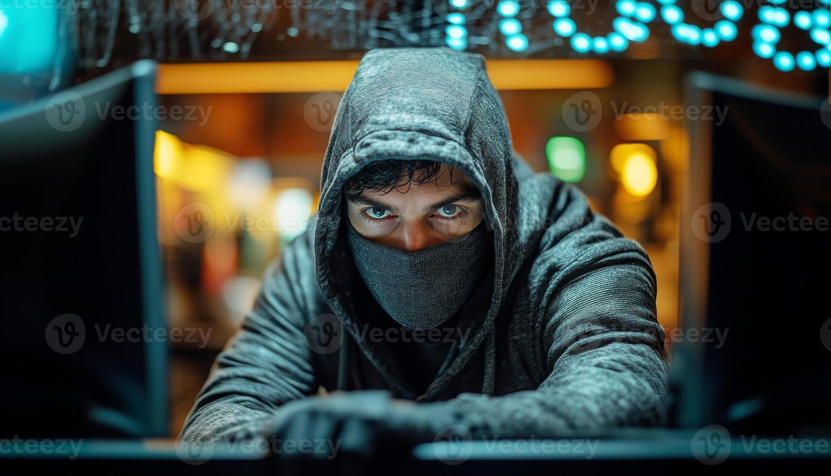 A person in a hooded sweatshirt focuses intently on computer screens in a dimly lit environment, symbolizing the serious threat of data breaches in the realm of cybersecurity. photo