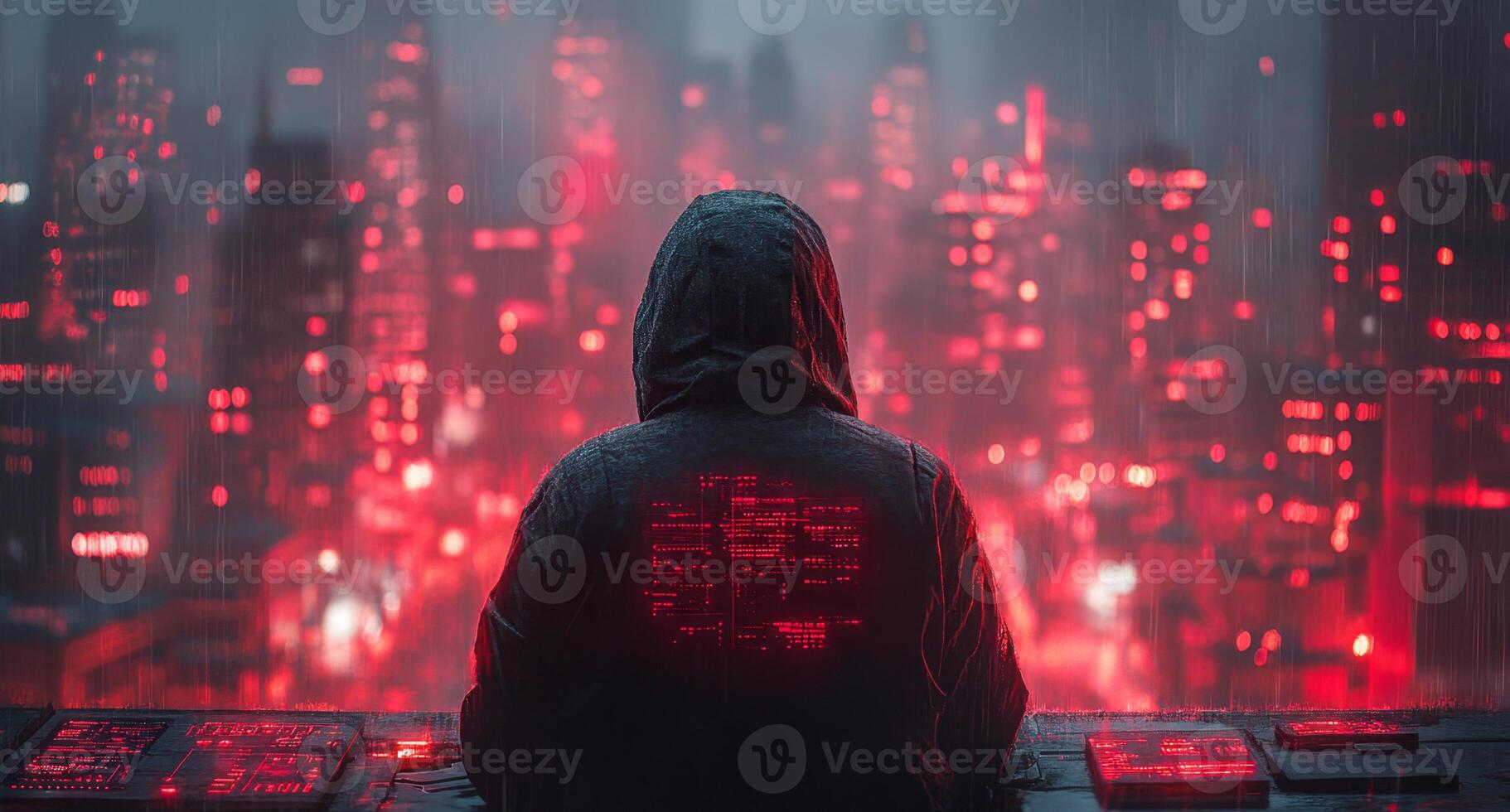 A cybersecurity expert observes potential data breaches while overlooking a neon-lit cityscape at night. photo