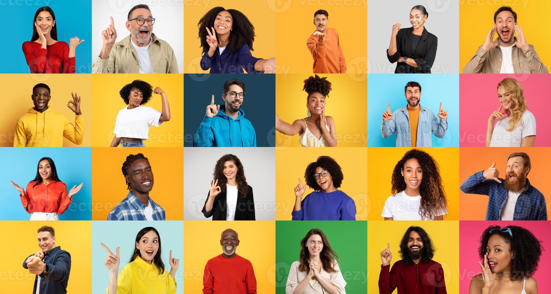 A vibrant collage features men and women from various cultural backgrounds joyfully expressing different emotions. The colorful backdrop adds a dynamic touch to their lively interactions. photo