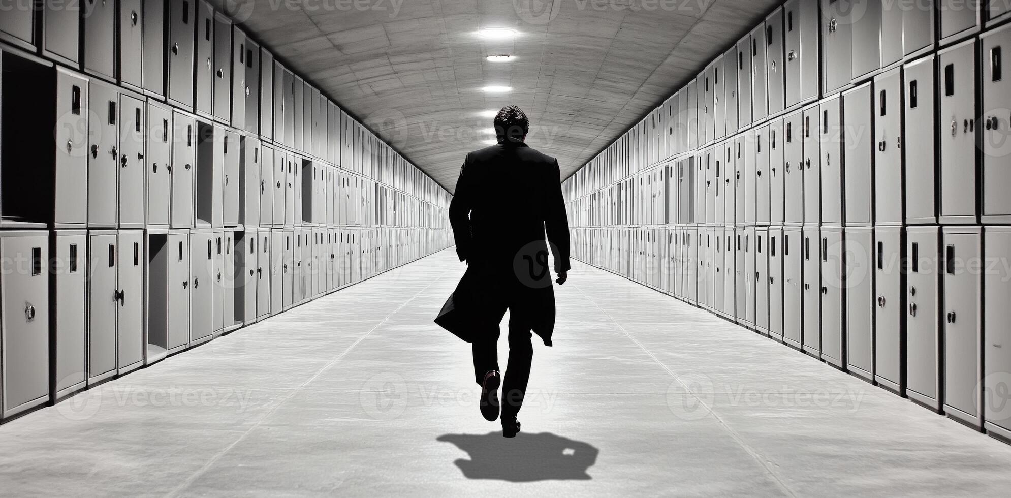A cybersecurity professional in a suit walks confidently through a corridor filled with secured data storage lockers. This setting emphasizes the importance of risk management and data safety. photo