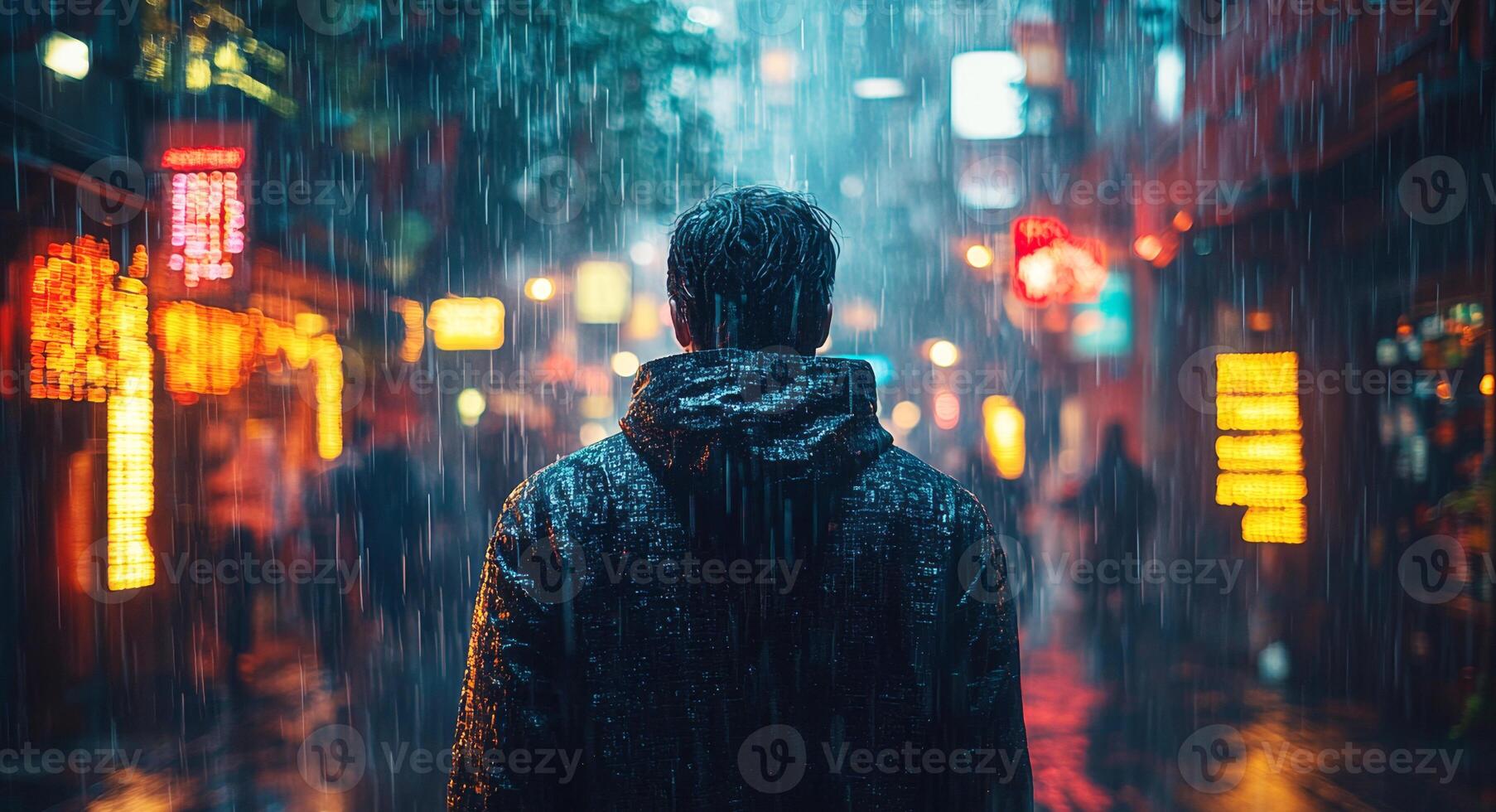 A person stands in a vibrant urban setting amidst rain, surrounded by neon lights. The scene captures the challenges of cybersecurity as data breaches heighten risk management concerns. photo