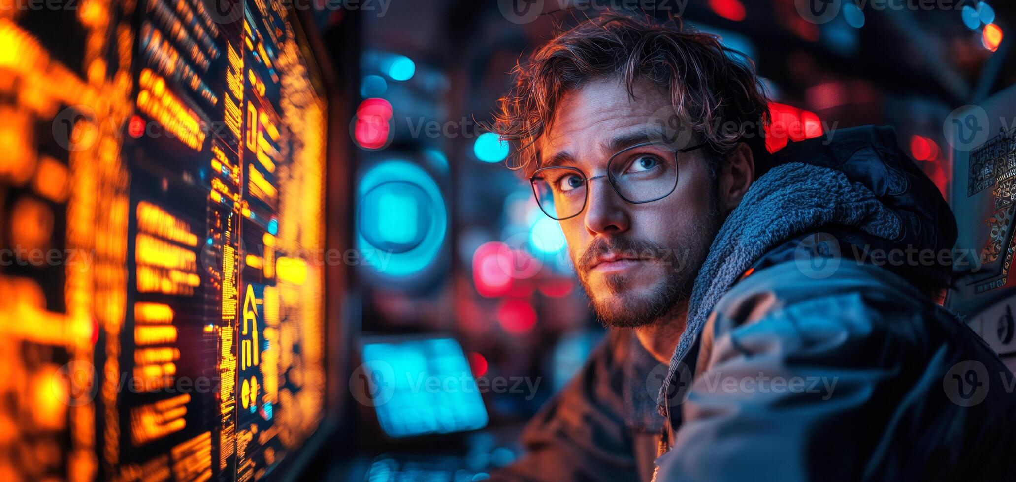 A cybersecurity professional analyzes firewall data on multiple screens in a dimly lit control room. The focus is on identifying vulnerabilities and managing risks, ensuring data security. photo
