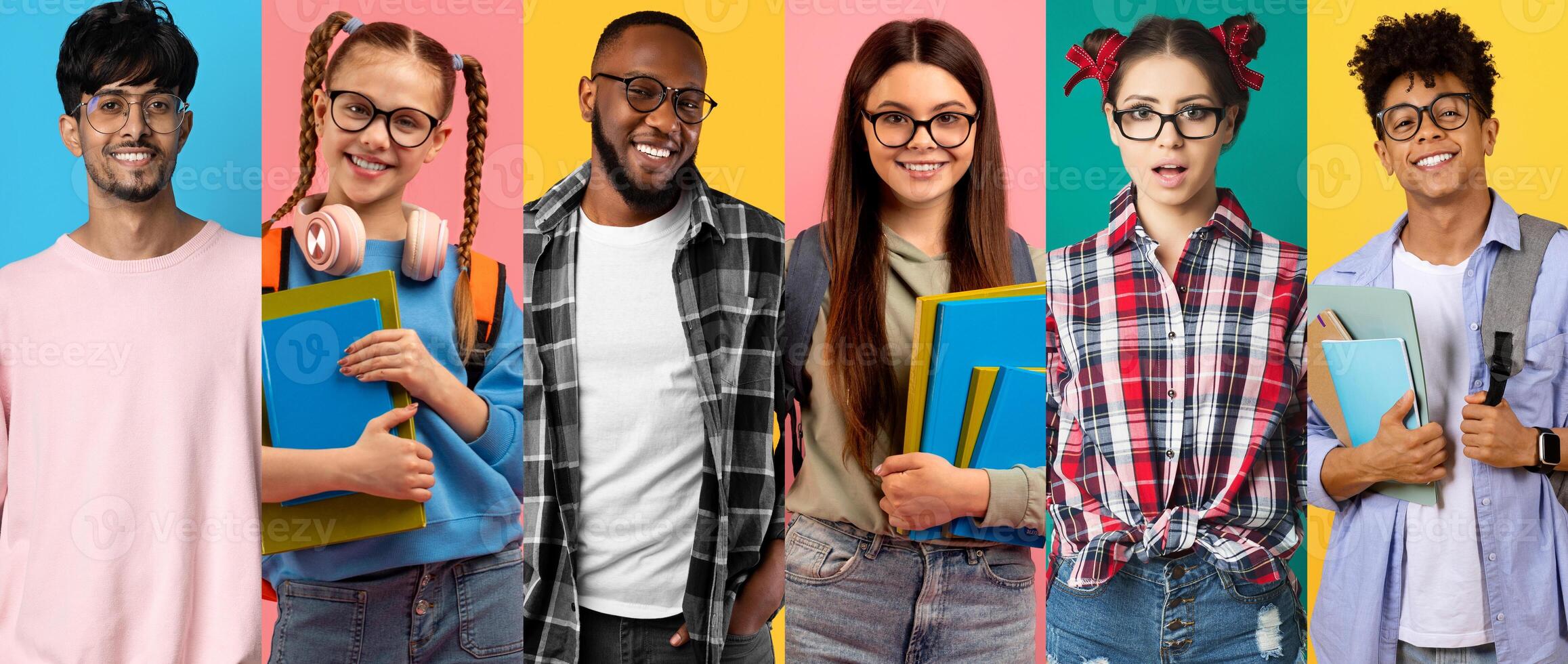 A diverse group of happy young people are gathered, showcasing joy and friendship. They wear casual summer outfits and glasses, smiling in front of bright colored backgrounds, exuding positivity. photo