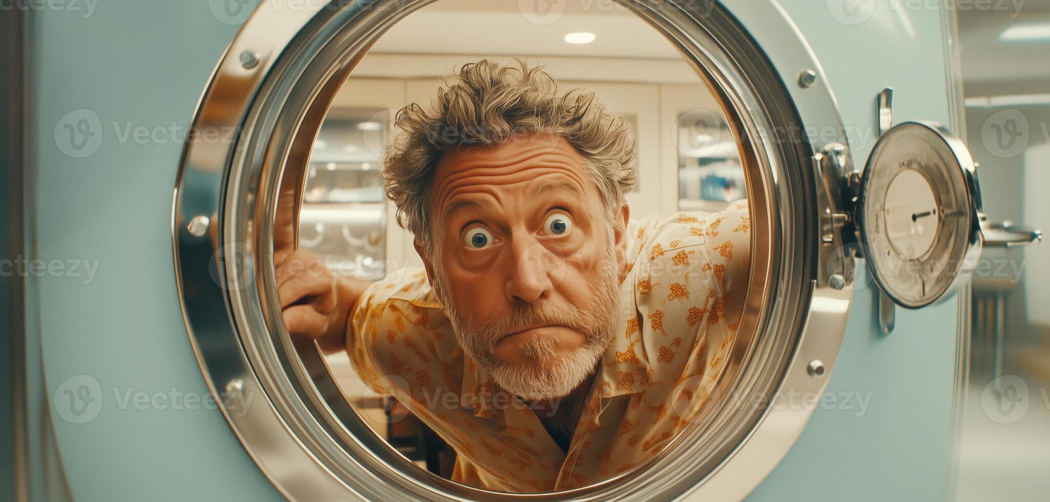 A man with wild hair and wide eyes curiously looks through a round window of a secure housing system. He is clearly intrigued by what lies beyond. The setting appears to be innovative and modern. photo