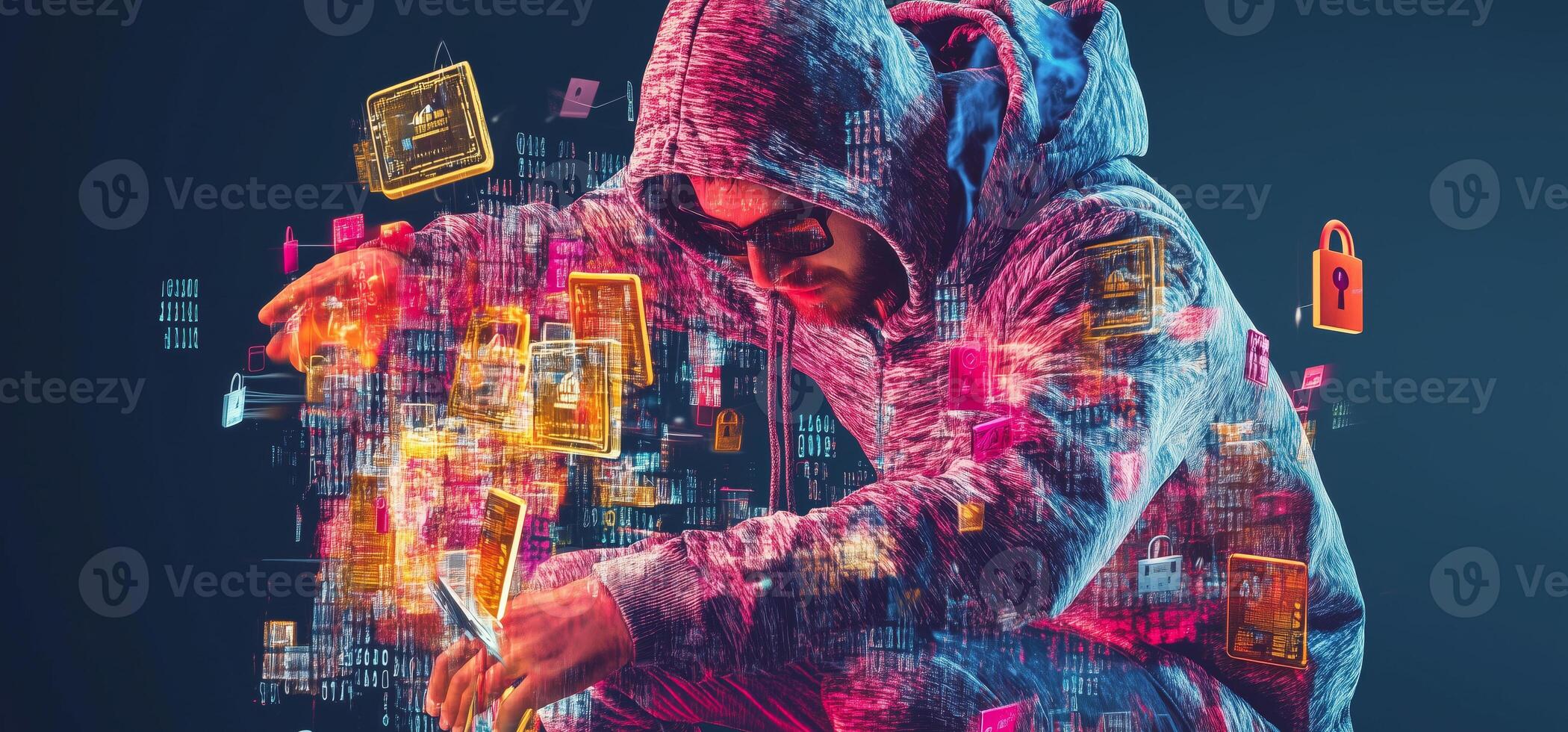 A cybersecurity professional in casual attire studies complex data visualizations related to firewalls and data breaches. photo