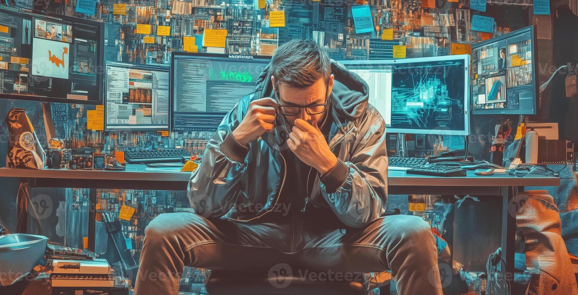 In a dimly lit workspace, a cybersecurity specialist reviews multiple monitors displaying data and analytical tools. photo