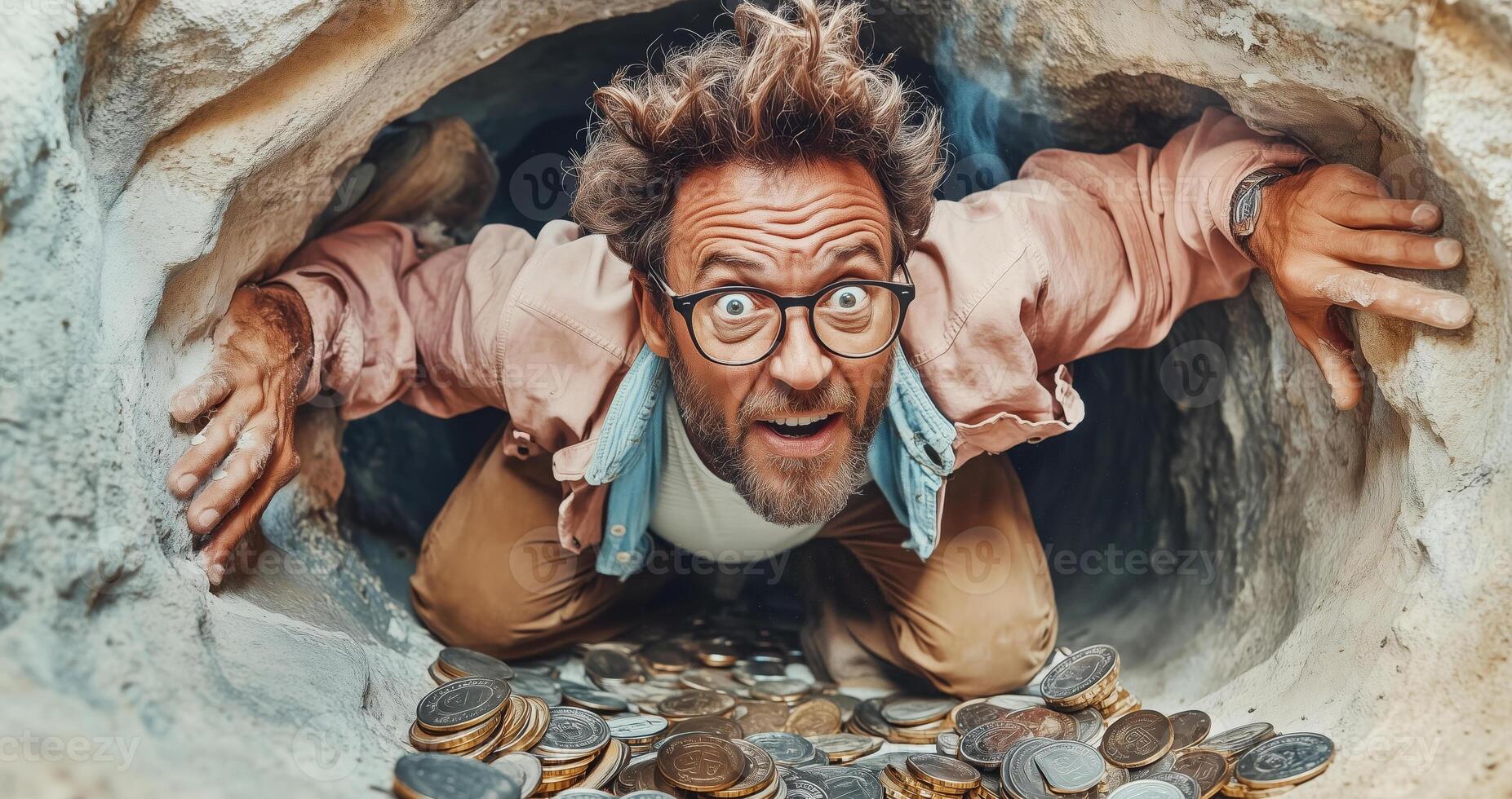 A surprised individual digs through a hidden cave filled with coins, representing the exploration of valuable data in cybersecurity. This scenario highlights risks and breaches in digital security. photo