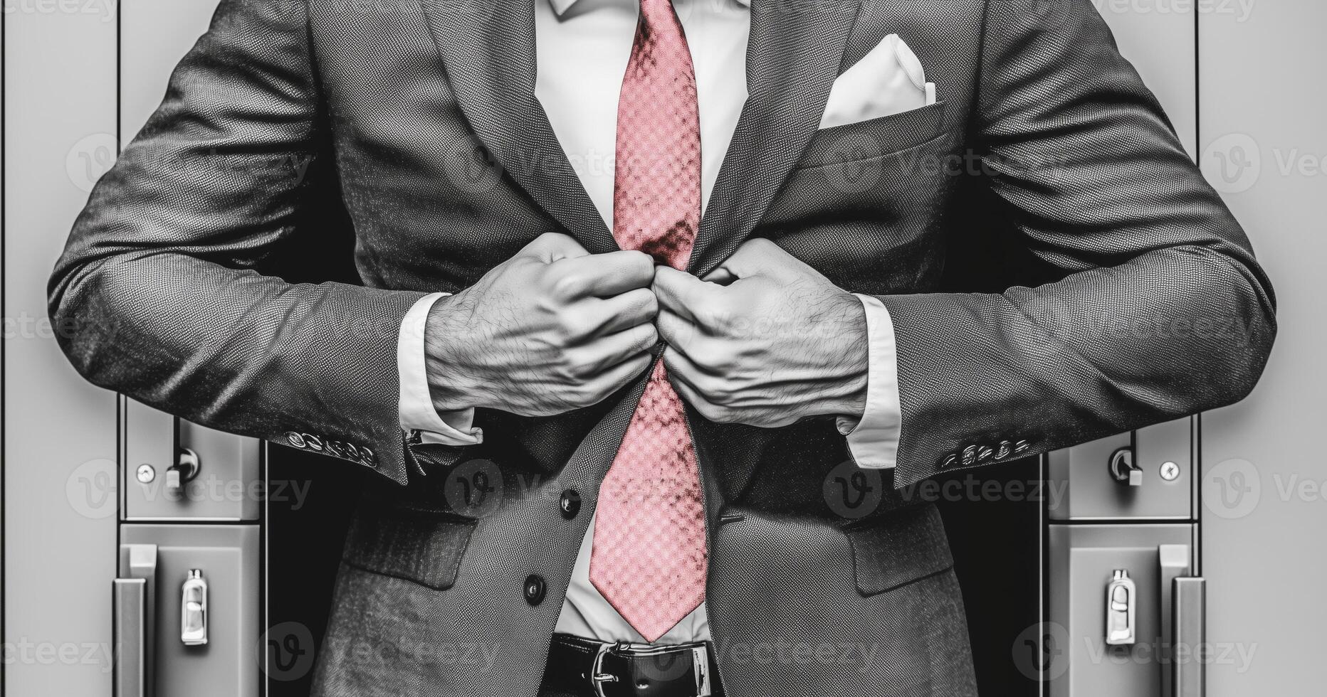 A business professional stands confidently in front of a row of lockers, adjusting their suit jacket. photo