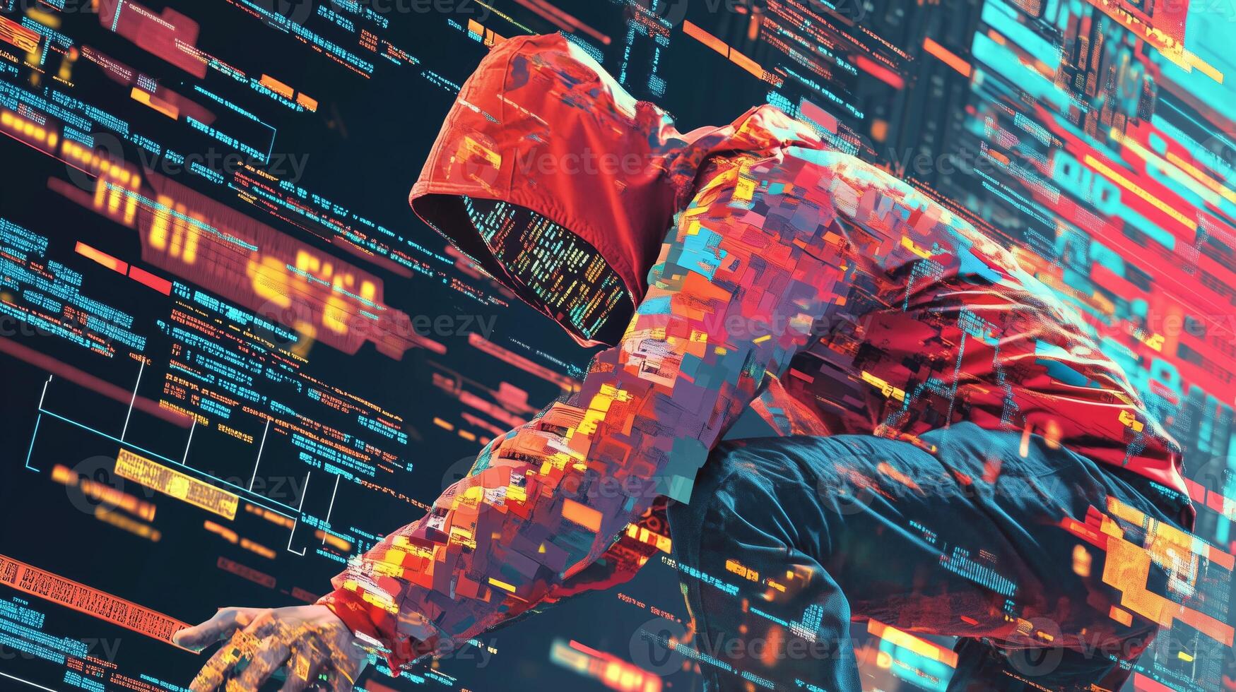 A hooded figure navigates a digital landscape filled with streaming data and code, representing the ongoing threat of cyber breaches. Efforts to safeguard data are essential for risk management. photo