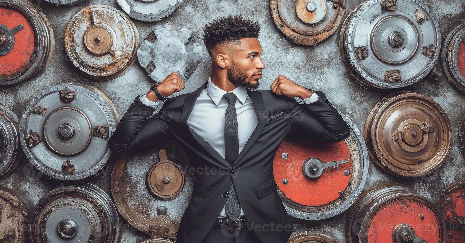 A cybersecurity professional stands confidently in formal attire, showcasing a strong presence. photo