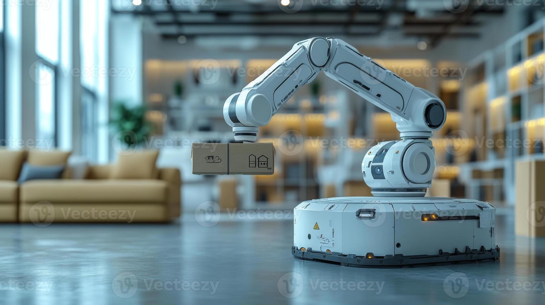 A robotic arm is seen moving a package inside a contemporary logistics center designed for automation and efficiency, showcasing advanced technology in transportation and delivery. photo