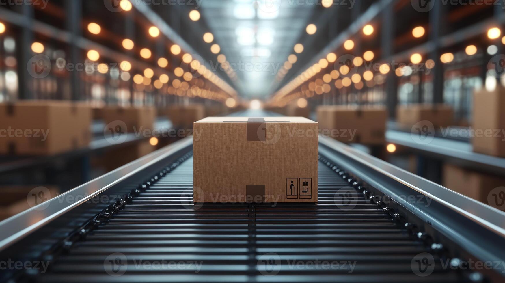 Delivery boxes are moving on a conveyor belt in a spacious, well lit warehouse designed for efficient logistics and automation, highlighting advanced transportation systems in action. photo