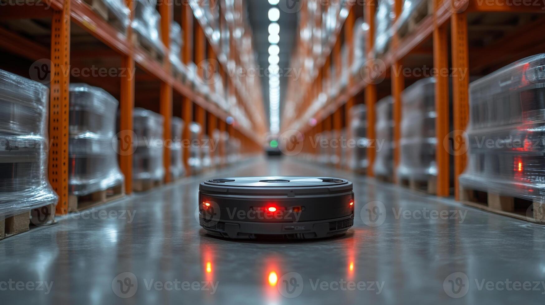 A robotic unit navigates through an expansive logistics center, showcasing innovative automation in warehouse operations. The setting features neatly arranged pallets in the background. photo