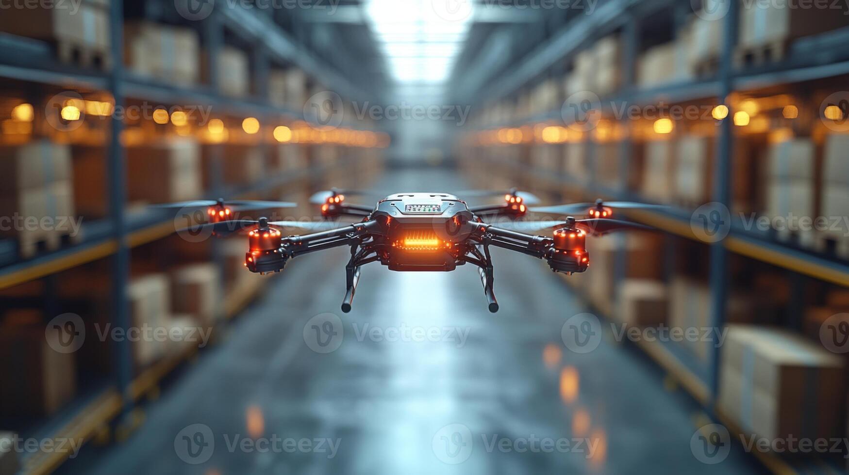 In a modern warehouse, a drone navigates between rows of shelves filled with boxes, demonstrating automated logistics and efficient inventory management. photo