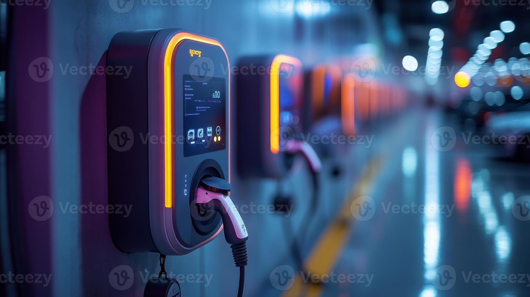Multiple charging stations are seen providing electric vehicle support in a contemporary infrastructure setting, showcasing the shift towards renewable energy and automation in transportation. photo