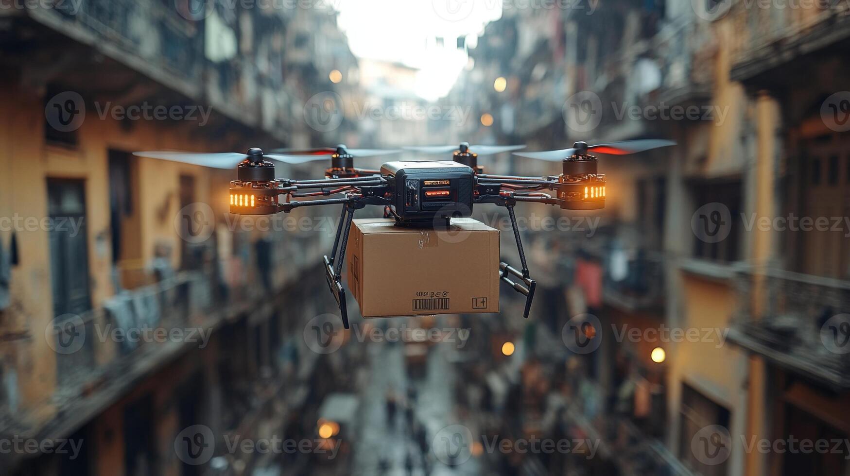 A drone carries a delivery package over crowded urban streets, showcasing the integration of automation in logistics and last mile delivery solutions in a busy metropolis. photo