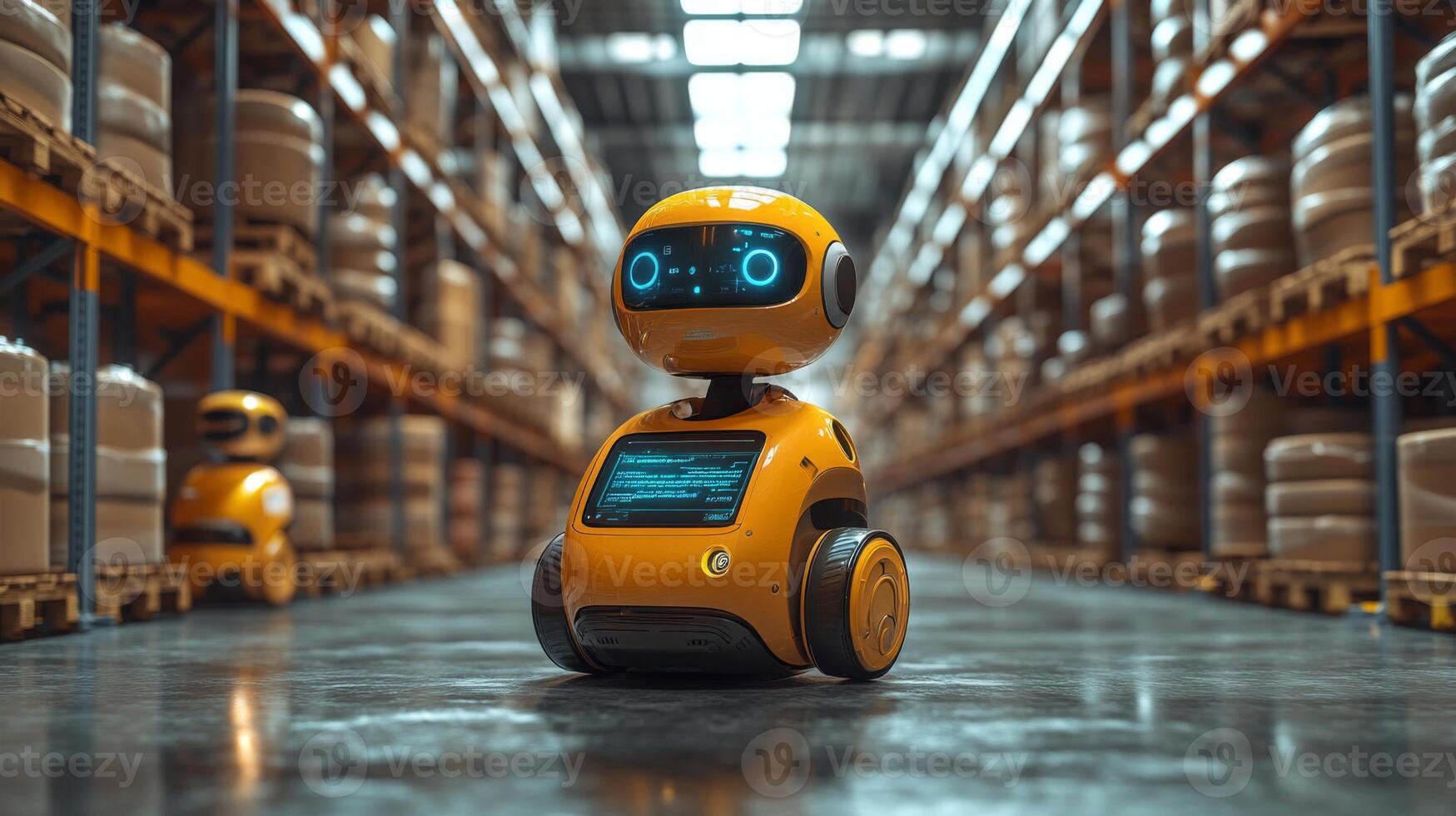 Robots navigate efficiently through a state of the art warehouse, enhancing logistics operations and streamlining fulfillment processes in a high capacity environment. photo