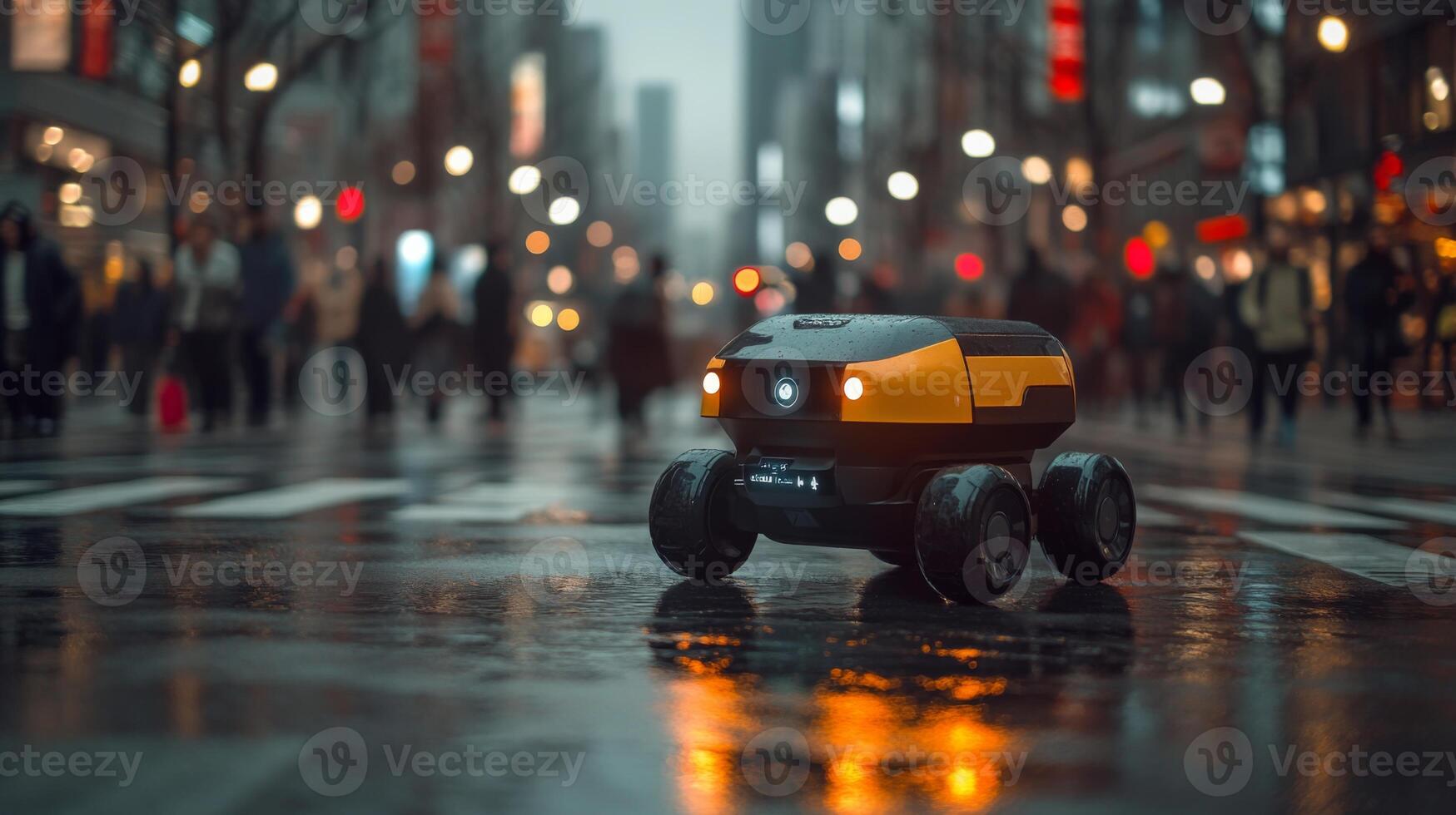 A small delivery robot moves through a bustling city street filled with pedestrians during twilight. Reflections of city lights shimmer on wet pavement, showcasing urban life. photo