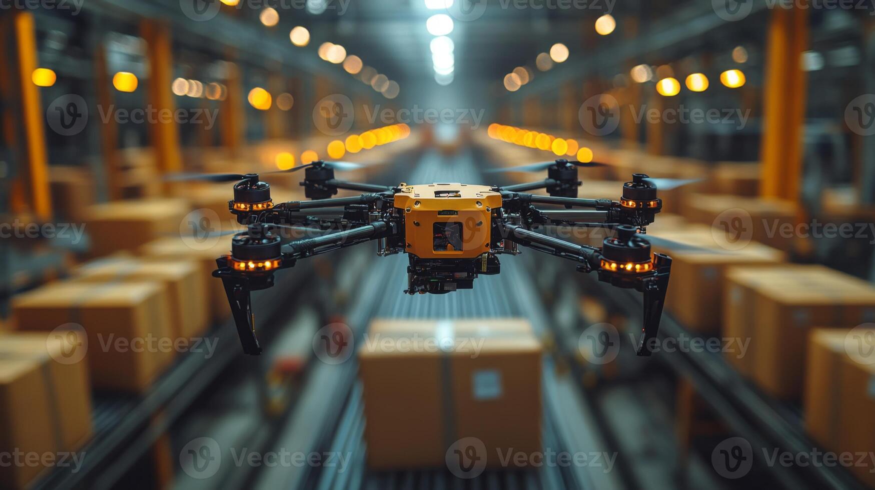 A logistics drone is flying through a busy warehouse filled with neatly stacked packages on conveyor belts, showcasing the future of automated delivery systems. photo