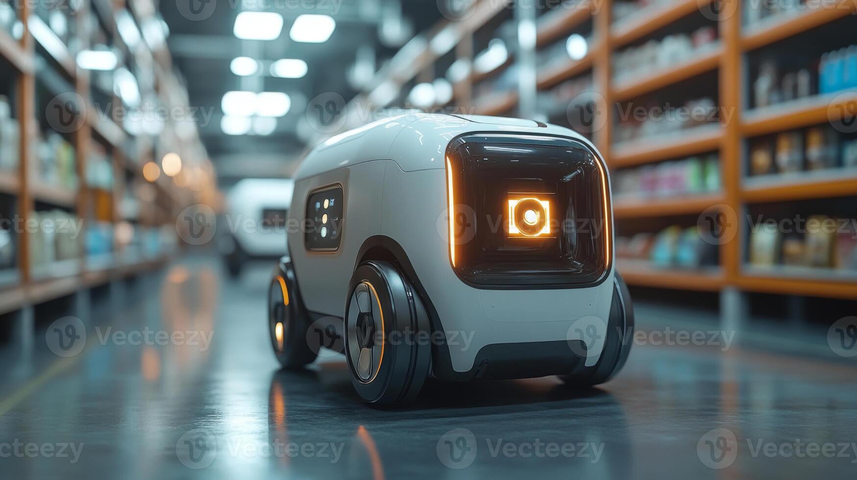 A small robotic delivery vehicle operates within a busy warehouse filled with organized shelving. The device transports goods efficiently, showcasing advancements in logistics technology. photo