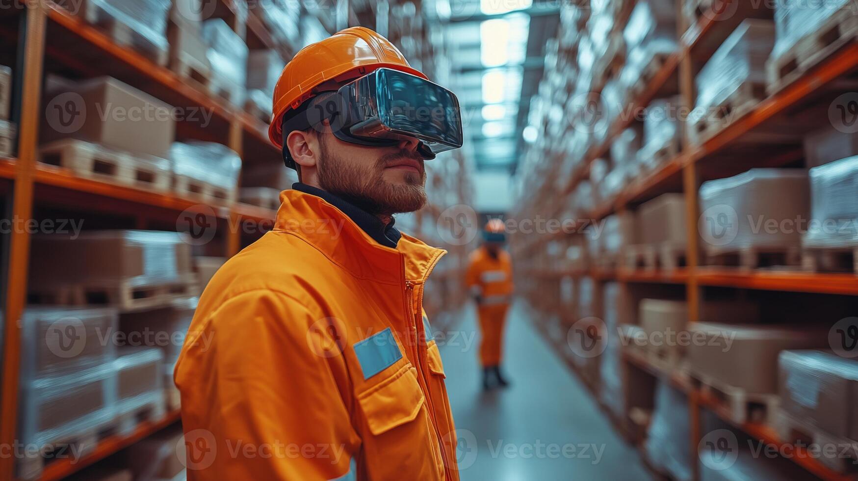 Workers in bright uniforms utilize virtual reality tools inside a large warehouse designed for logistics and distribution, optimizing performance in a fast paced environment. photo