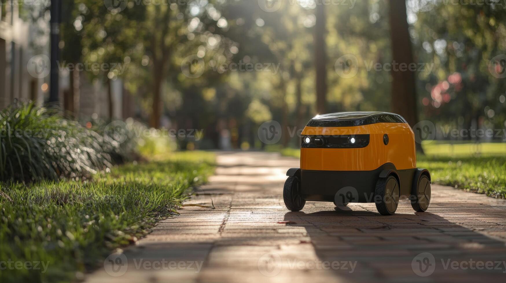 A small robotic delivery vehicle navigates along a well paved walkway surrounded by trees in an urban area, highlighting advancements in logistics and last mile delivery automation technology. photo