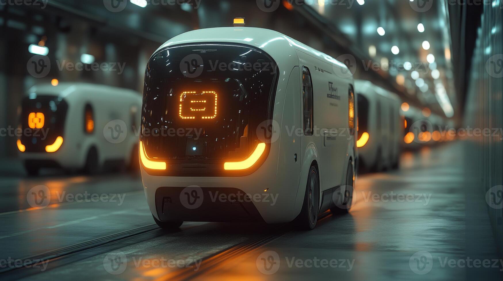 Several autonomous delivery vehicles are lined up in a high tech logistics facility, illuminated by ambient lights, showcasing the future of transportation and last mile delivery solutions. photo