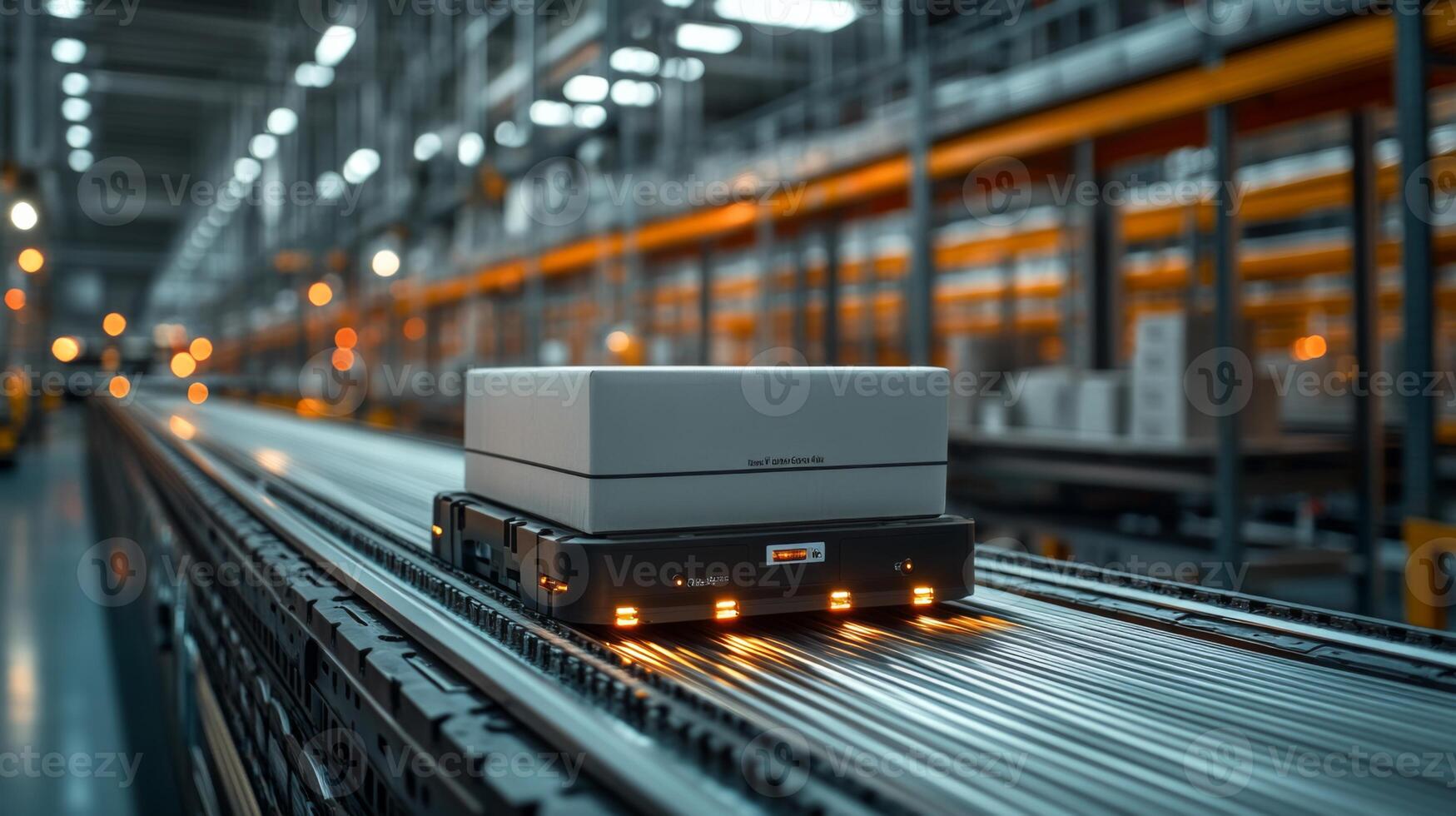 An autonomous robot navigates a conveyor system in a high tech logistics facility. It efficiently delivers packages, showcasing advancements in automated transportation and mobility. photo