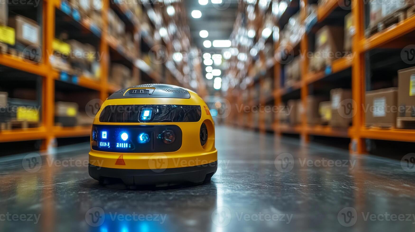 An autonomous robot is actively moving along the floor of a large warehouse, efficiently navigating between rows of neatly arranged boxes on shelves. photo