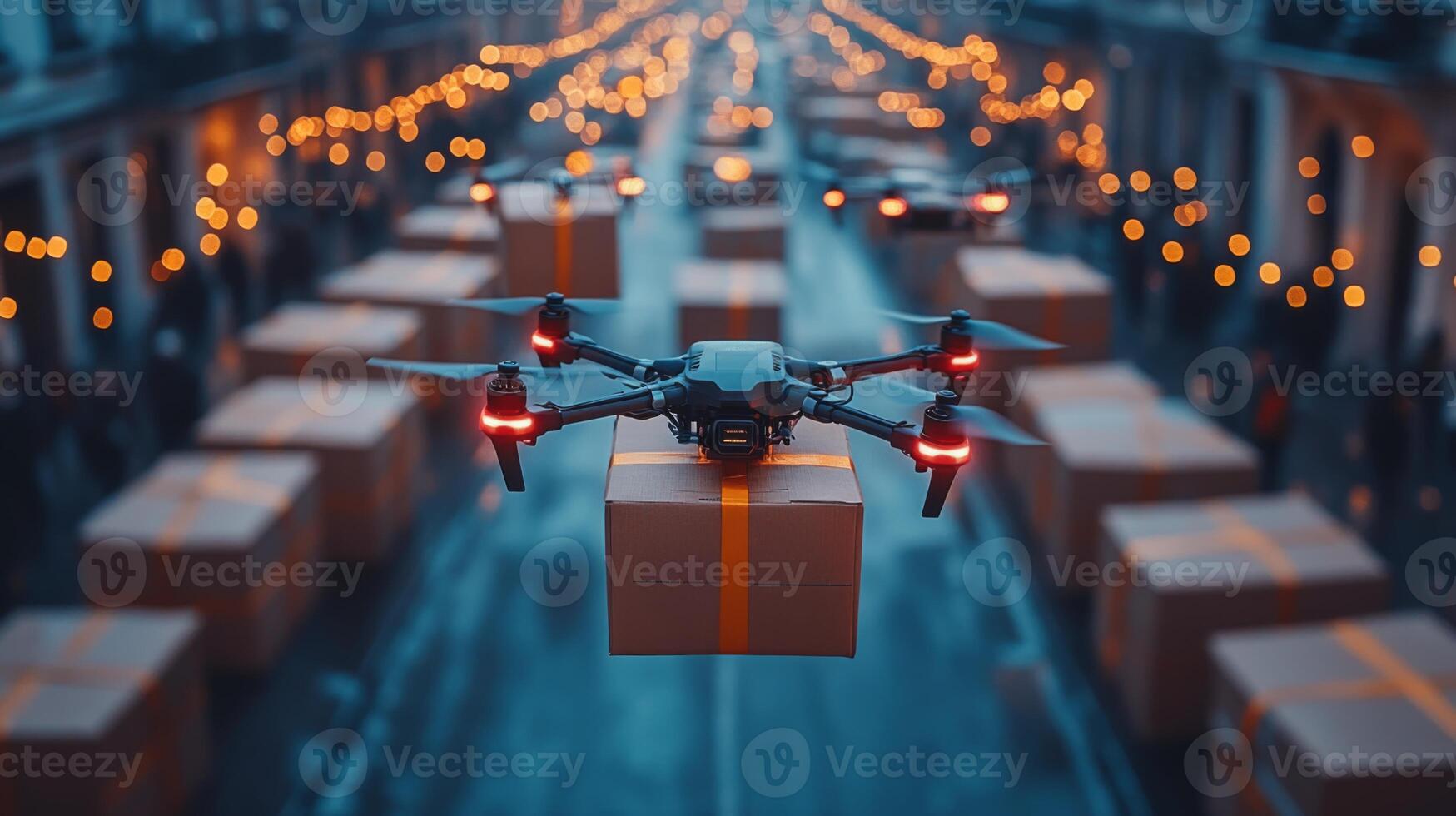 Drones navigate the city streets, delivering packages as twinkling lights create a vibrant atmosphere. This showcases advancements in logistics and autonomous transportation solutions. photo
