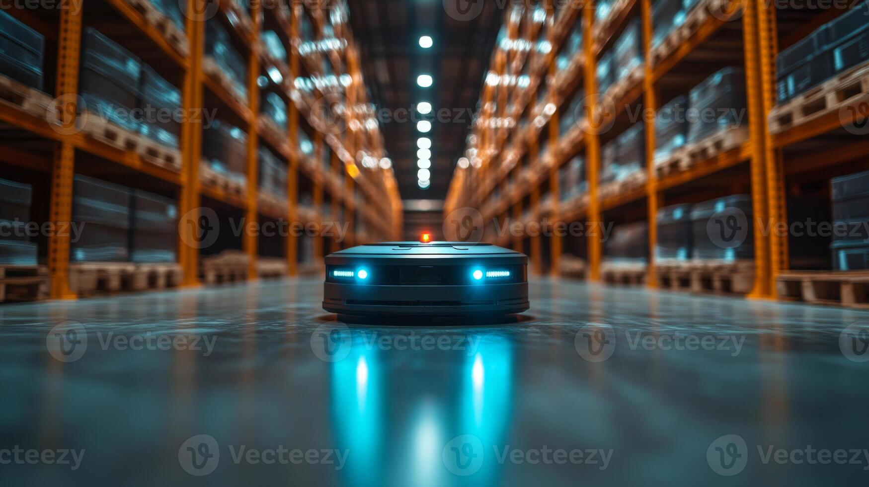 A robot moves efficiently through an extensive warehouse, illuminated by bright lights. It navigates shelves stacked with pallets, emphasizing automation in logistics. photo