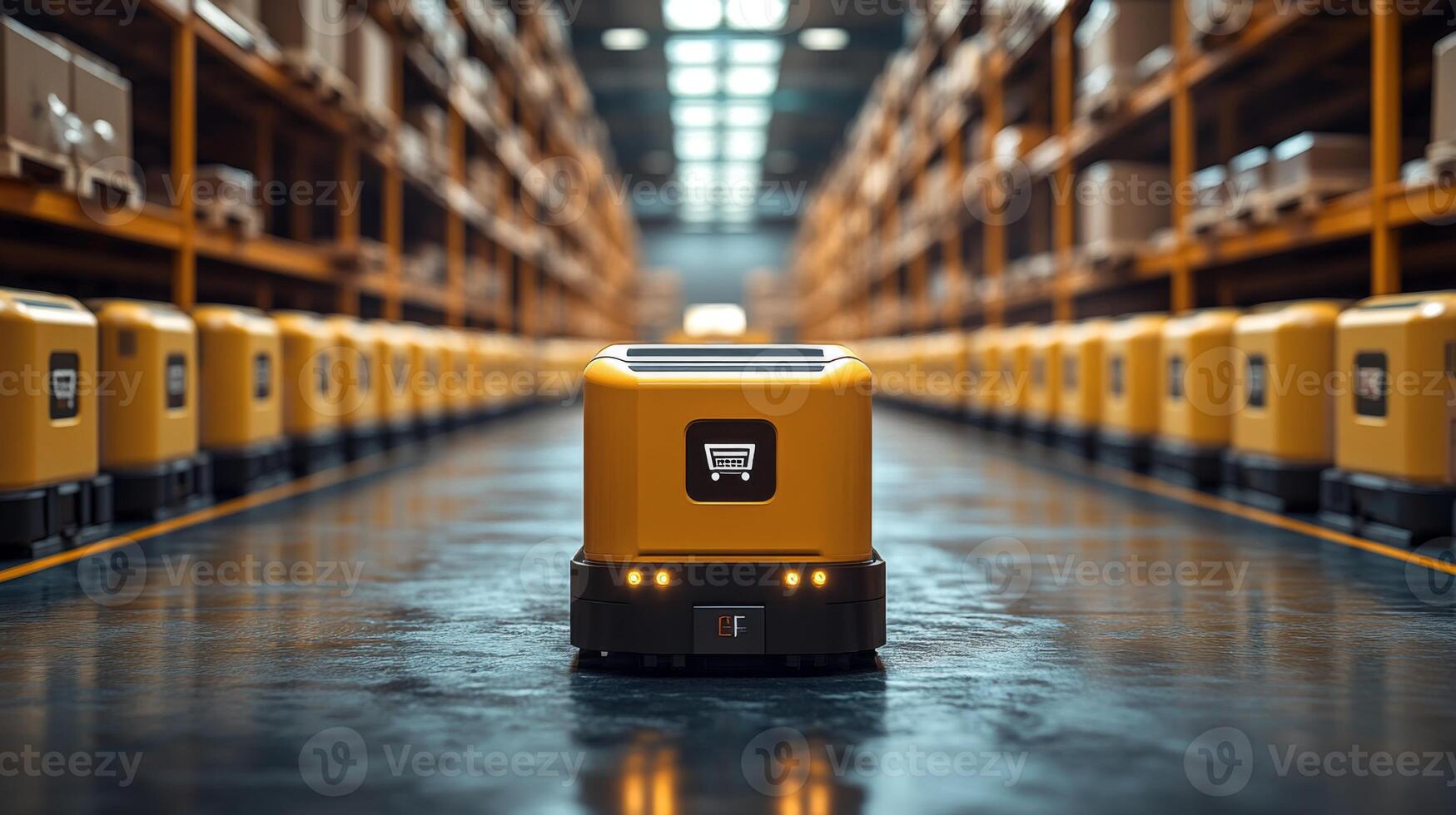 A robotic delivery vehicle navigates through a high tech warehouse filled with shelves and boxes, showcasing advanced automation in logistics and distribution processes. photo