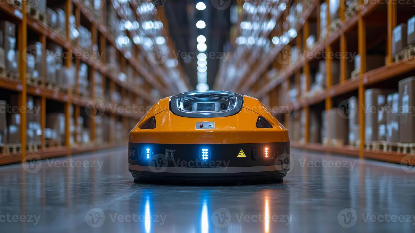 An automated robot transports goods efficiently through a well organized logistics center, optimizing storage and fulfillment processes in a modern warehouse environment. photo
