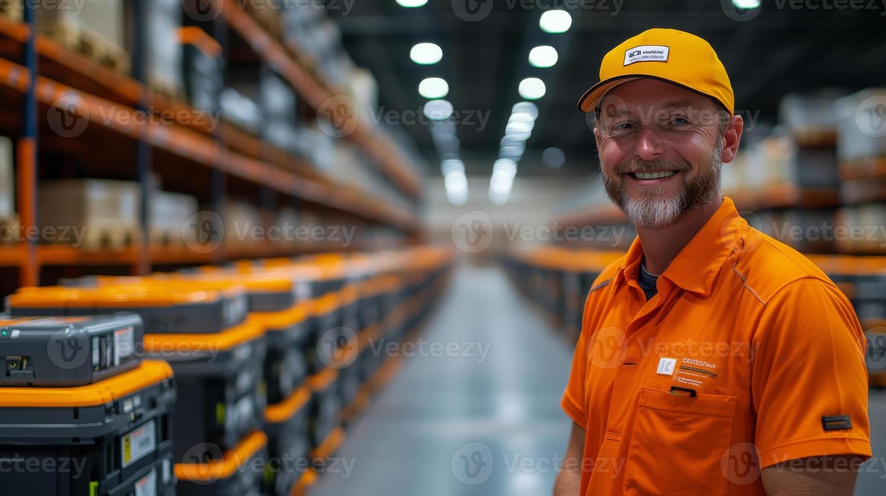 A professional smiles while standing in a well organized warehouse filled with storage units. Bright lighting enhances the efficient atmosphere of logistics and mobility operations. photo