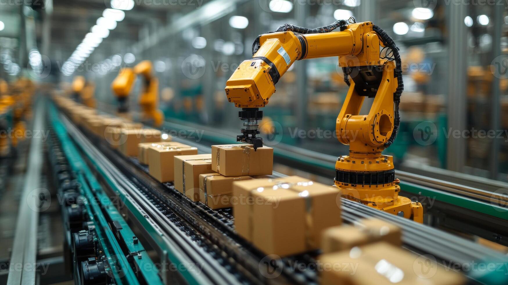 A robotic arm is actively sorting packages on a conveyor belt within a logistics facility. The advanced system optimizes transportation for last mile delivery, showcasing innovative automation. photo
