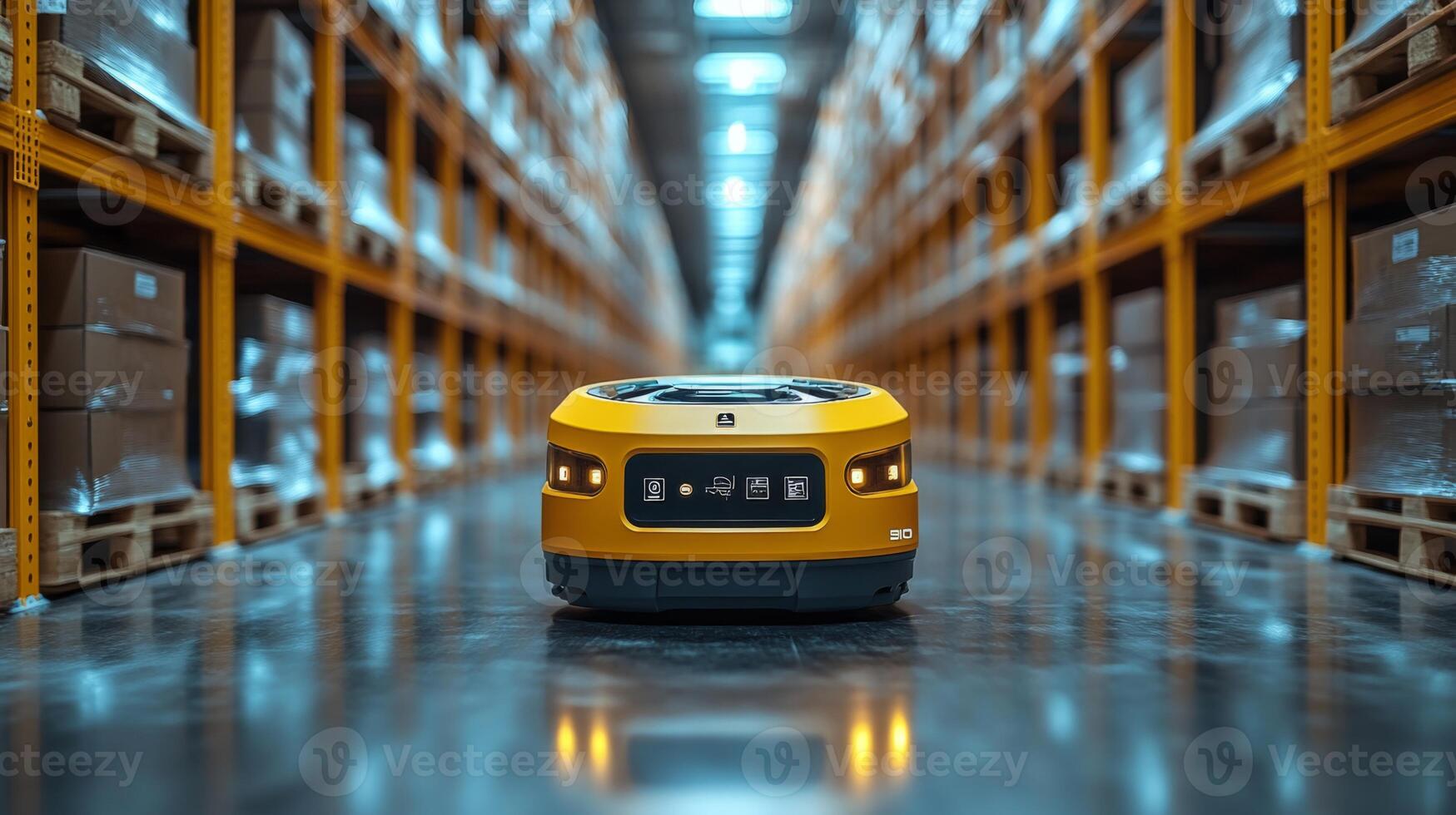 A robotic automated vehicle operates within a large logistics center, transporting goods along aisles lined with cardboard boxes on pallets, showcasing advanced fulfillment technology. photo