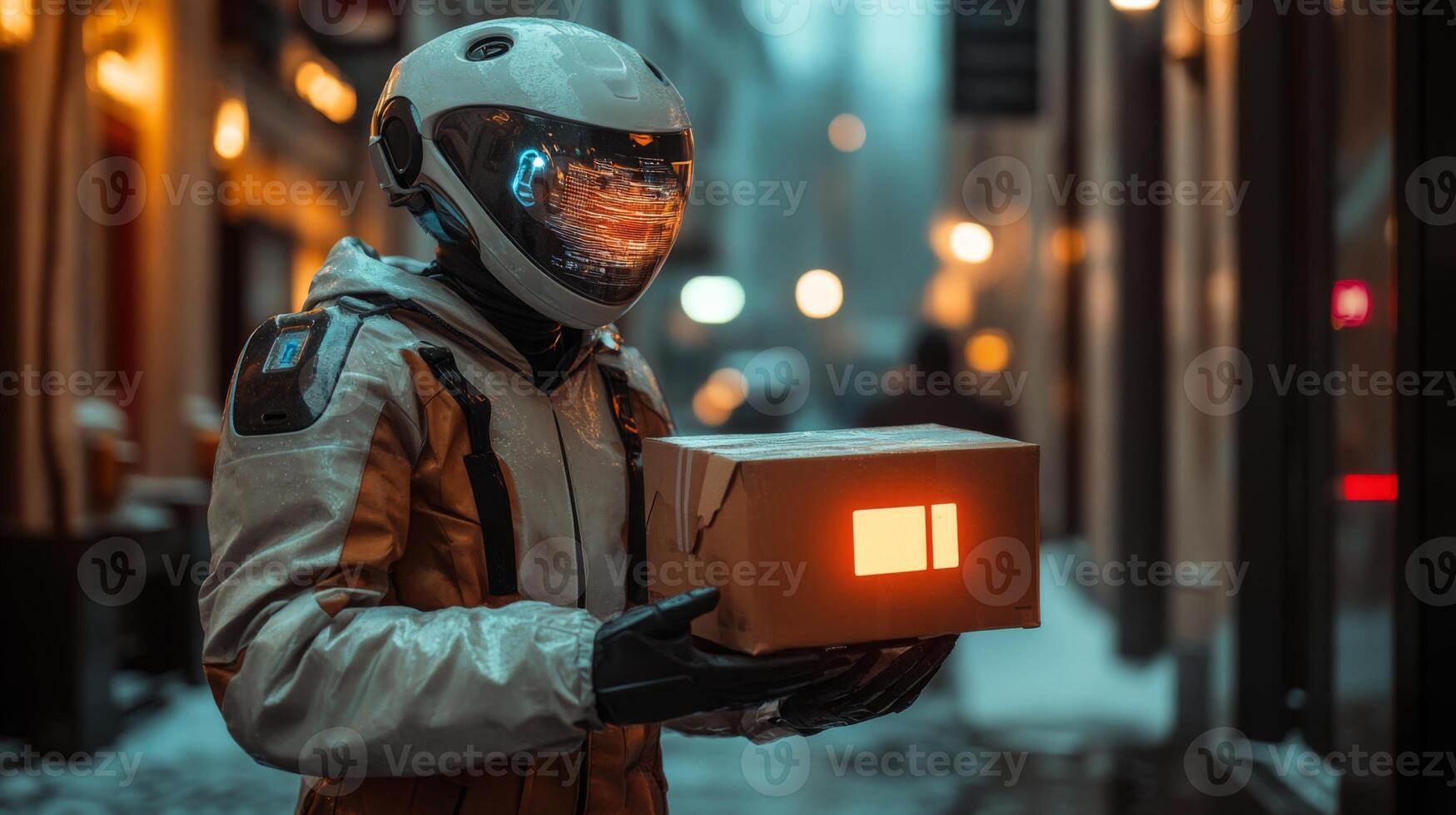 A delivery robot holds a package in a bustling urban area, showcasing the intersection of automation and logistics during an evening delivery. photo