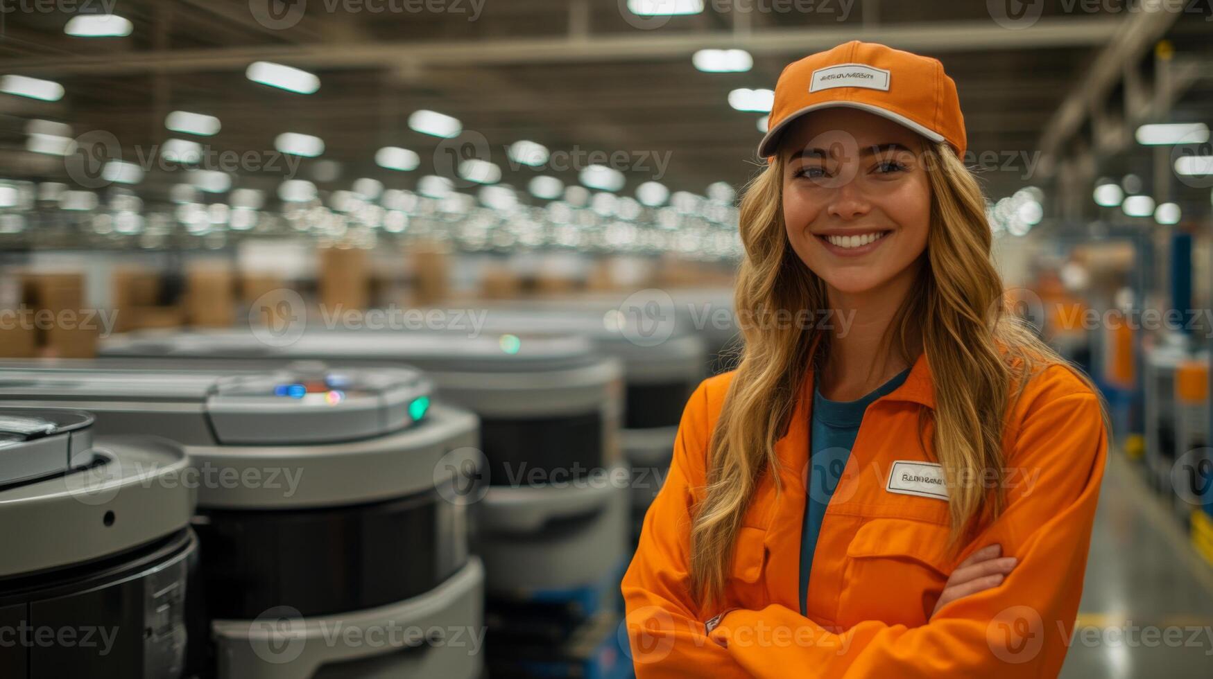 A logistics employee stands confidently in a busy automated warehouse filled with robots and packages, showcasing the integration of technology in transportation and distribution operations. photo