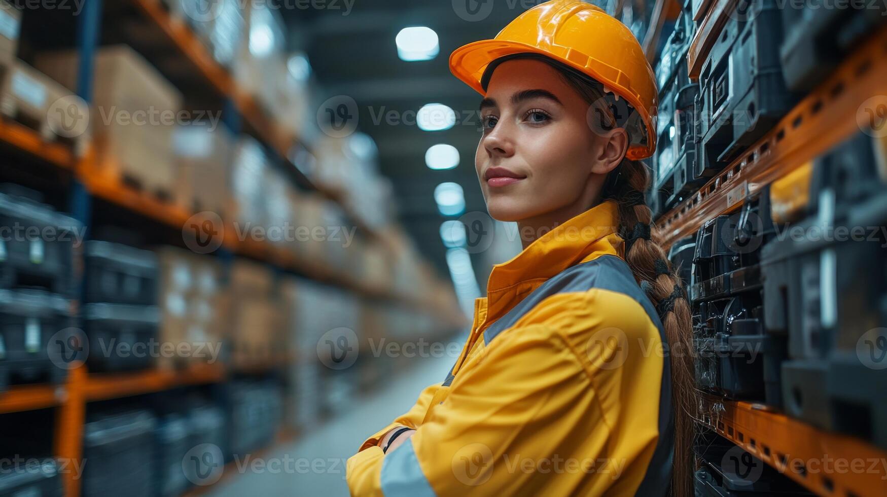 A logistics professional stands confidently amidst shelves filled with boxes in a warehouse. The environment highlights automation and efficient supply chain management techniques. photo