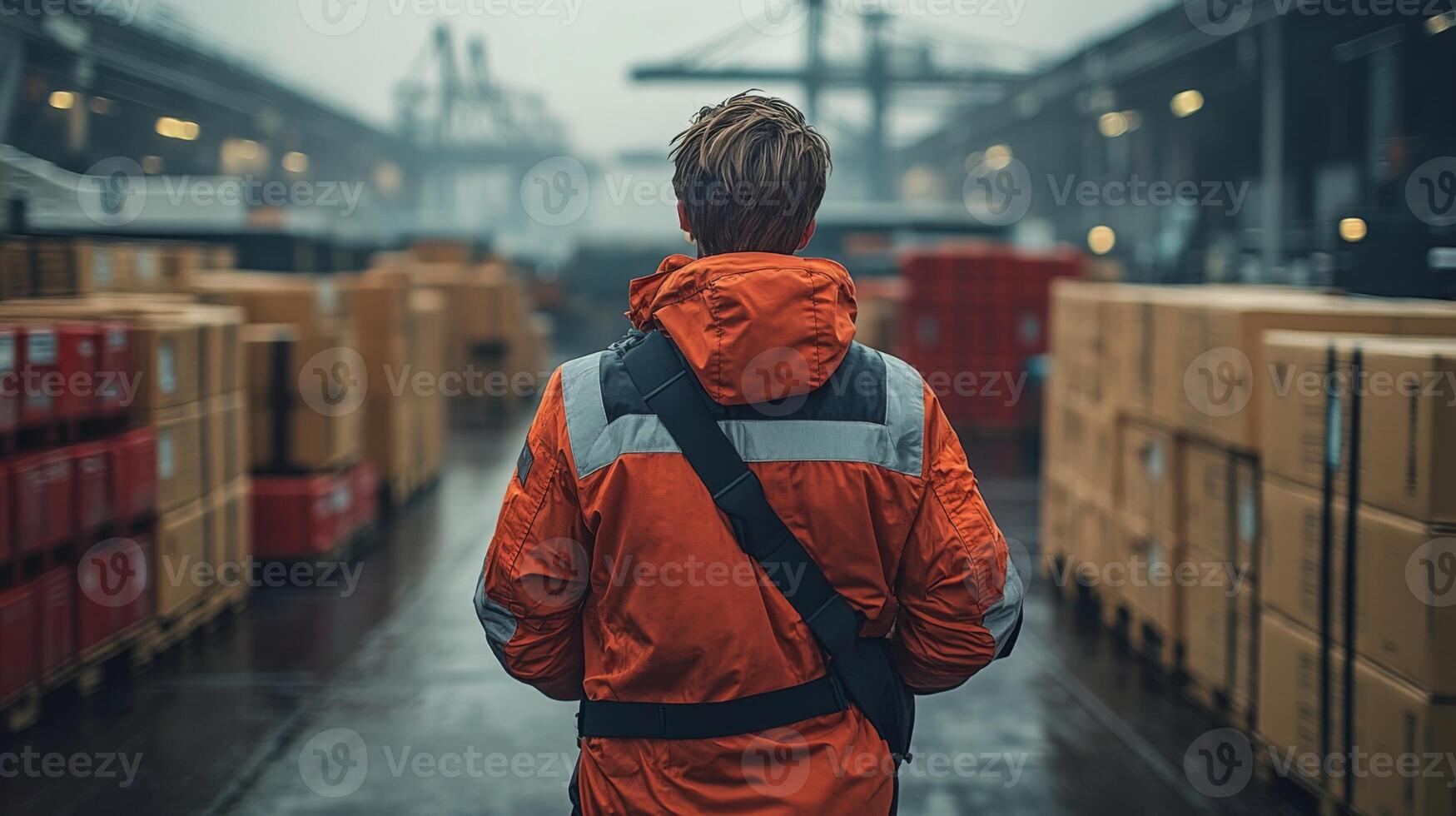 A worker wearing an orange jacket walks through a logistics center bustling with activity, surrounded by stacks of shipping containers and pallets on a cloudy day. photo