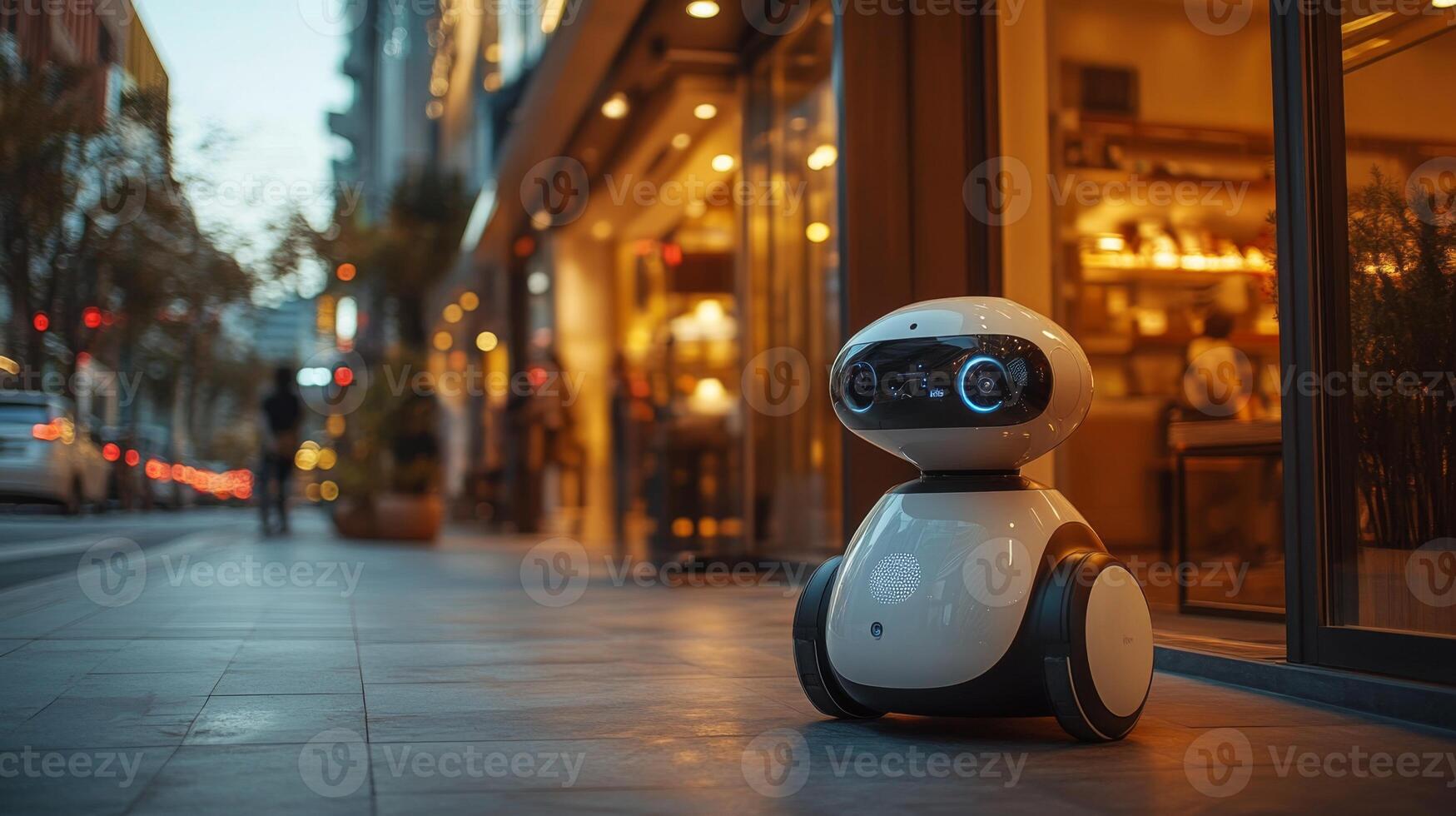 A small autonomous delivery robot is stationed on a lively urban sidewalk, with busy shops and warm lighting in the background during the early evening hours. photo