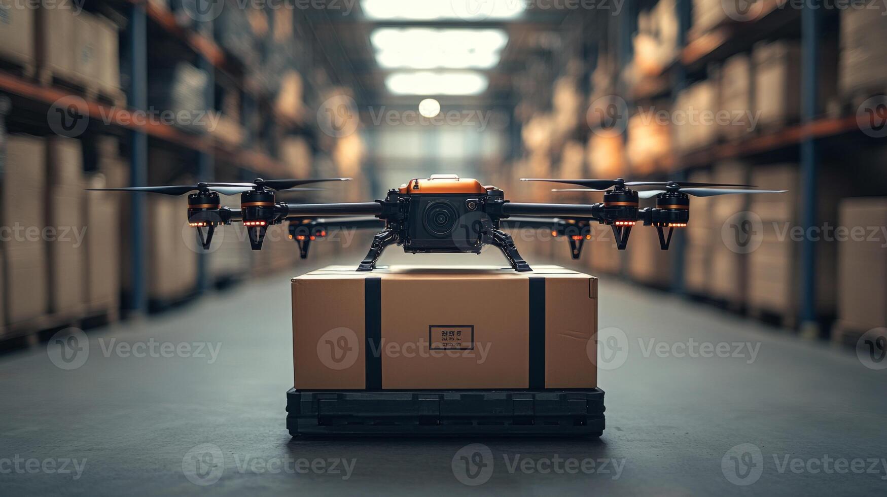 A drone hovers over a package in a busy warehouse, showcasing advanced automation in logistics and transportation for efficient last mile delivery solutions. photo