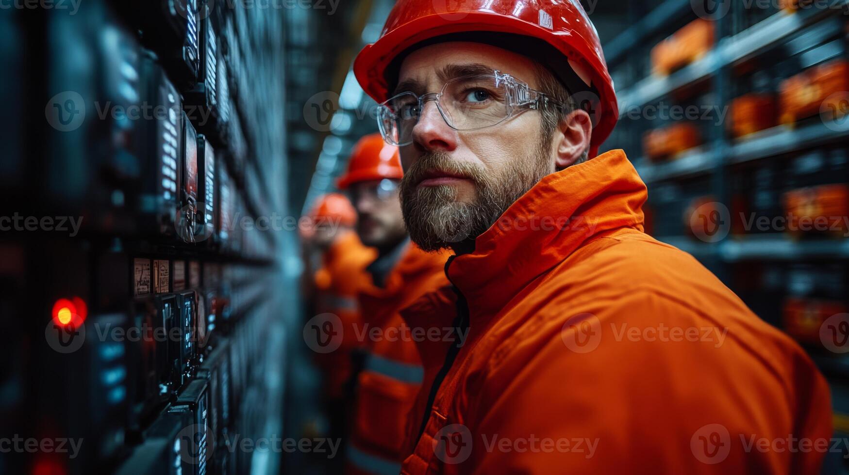 Staff in safety gear oversee advanced logistics technology and automation systems in a busy distribution center, ensuring efficient operations and workflow management. photo