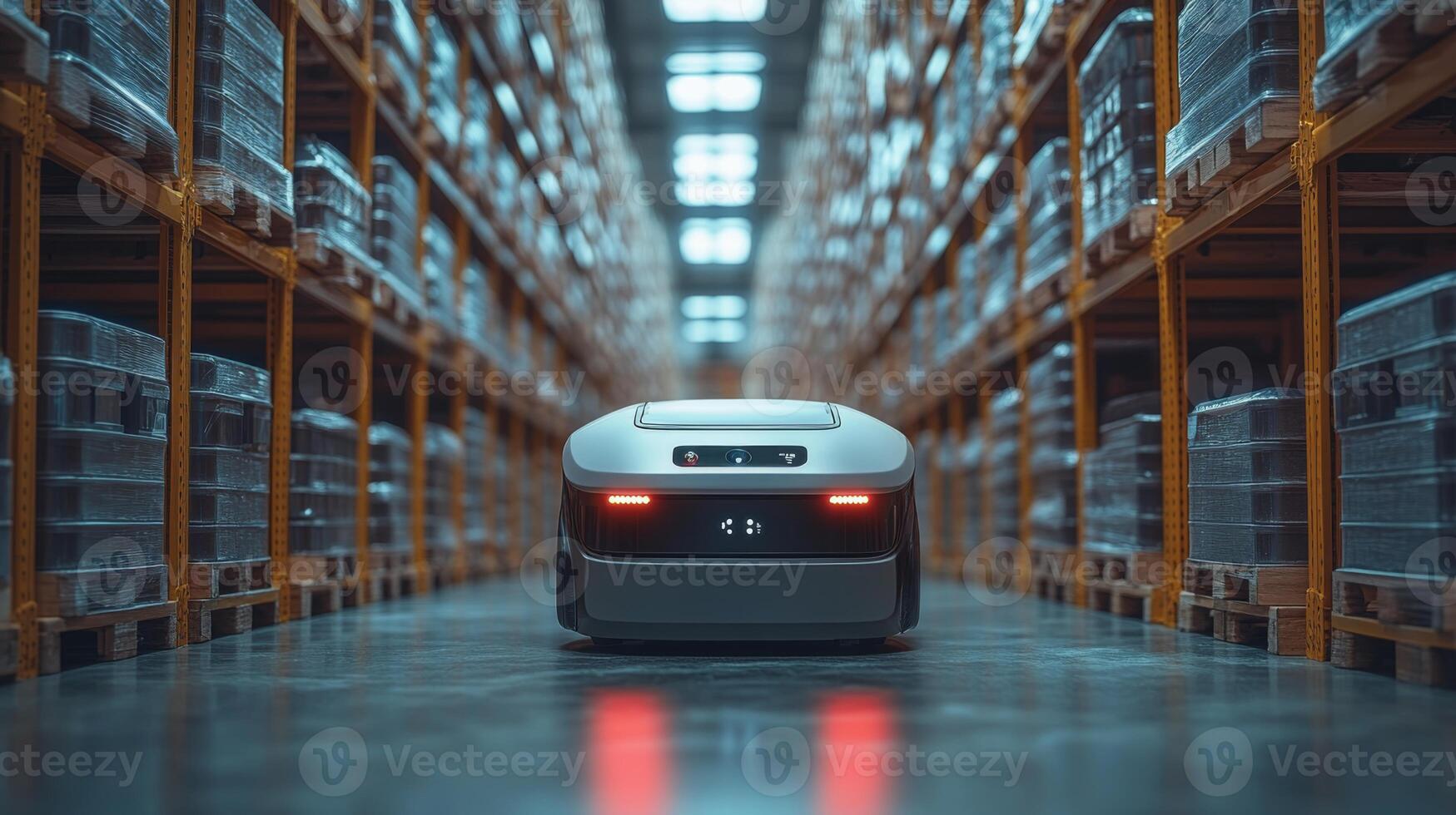 A robot is moving through a well organized warehouse filled with stacked pallets, showcasing advancements in automation and technology for streamlined logistics and distribution. photo