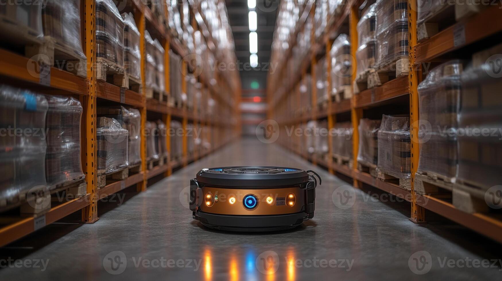 A robotic delivery device operates in a logistics warehouse, moving between rows of shelves stacked with packages. The environment is well lit, enhancing the automation of the delivery process. photo