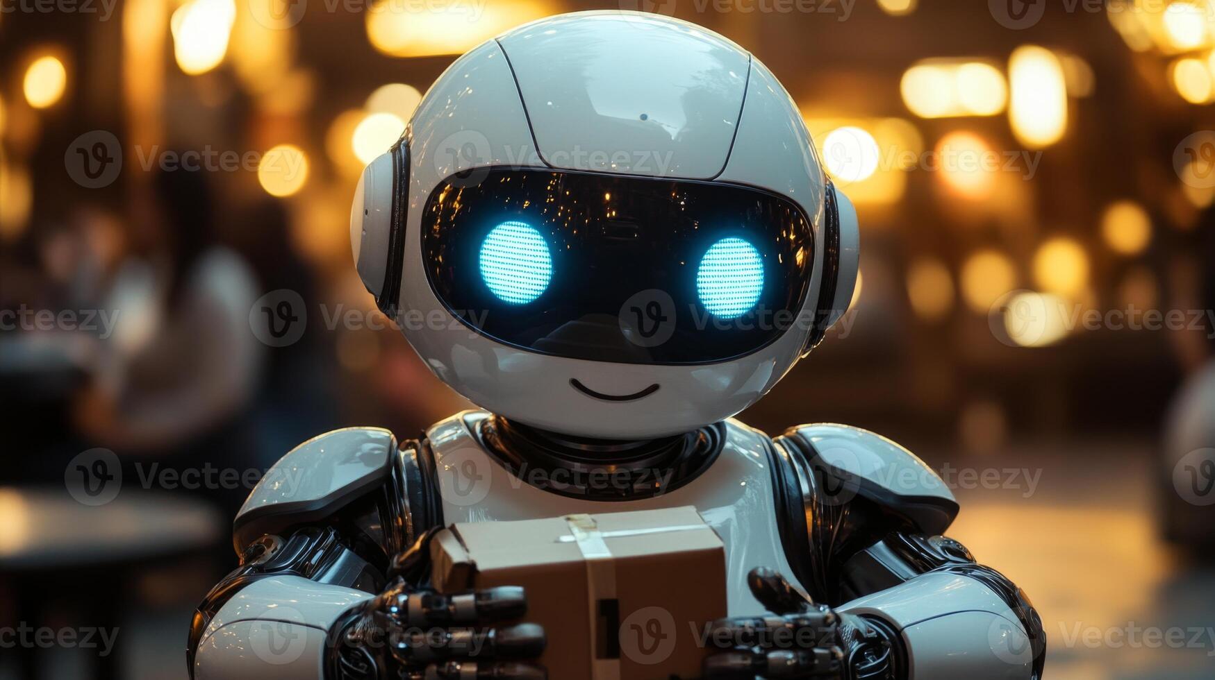 A robotic delivery assistant is holding a package, surrounded by city lights and pedestrians at twilight, highlighting innovations in last mile delivery and mobility solutions. photo
